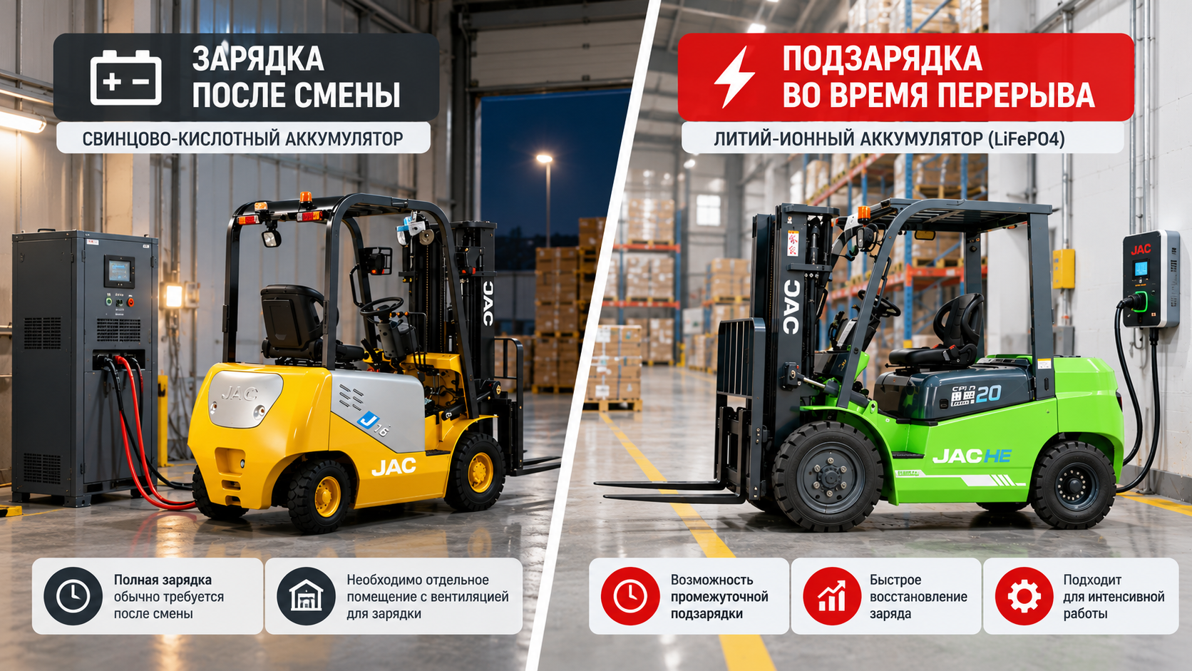 Зарядка свинцово-кислотного аккумулятора после смены и подзарядка LiFePO4 во время перерыва